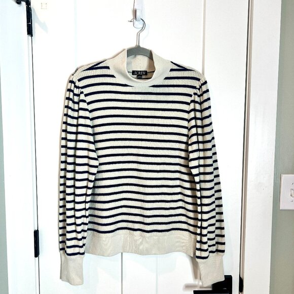 J. Crew Brushed Rib Puff-Sleeve Mock Neck Breton Stripe Nautical Sweater Size L - Picture 2 of 6